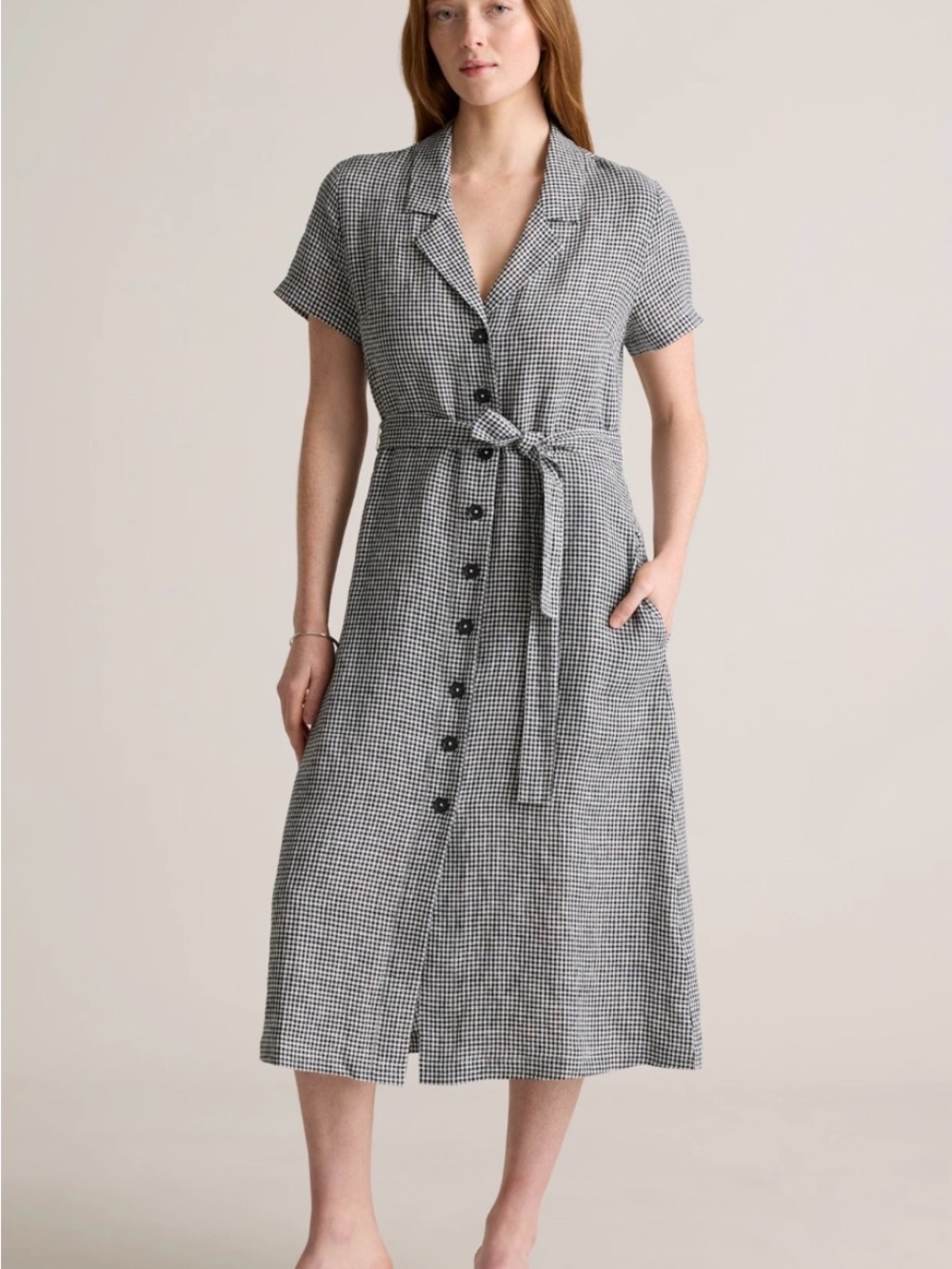 Quince 100% European Linen Button Front Gingham Midi Dress Size M
